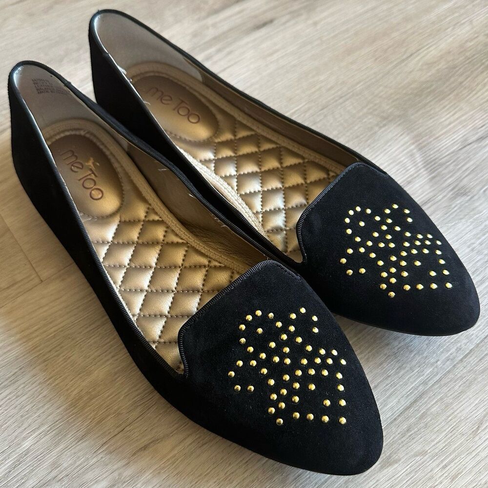 Me Too Becky 14 Black Suede Gold Studded Loafers US Women’s Size 9.5 Shoes